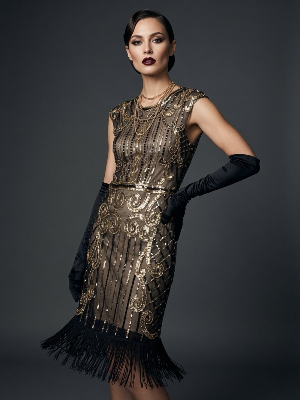 Women’s Medium Gatsby Sequin Fringe Dress Art Deco Black Gold Cocktail Party M
